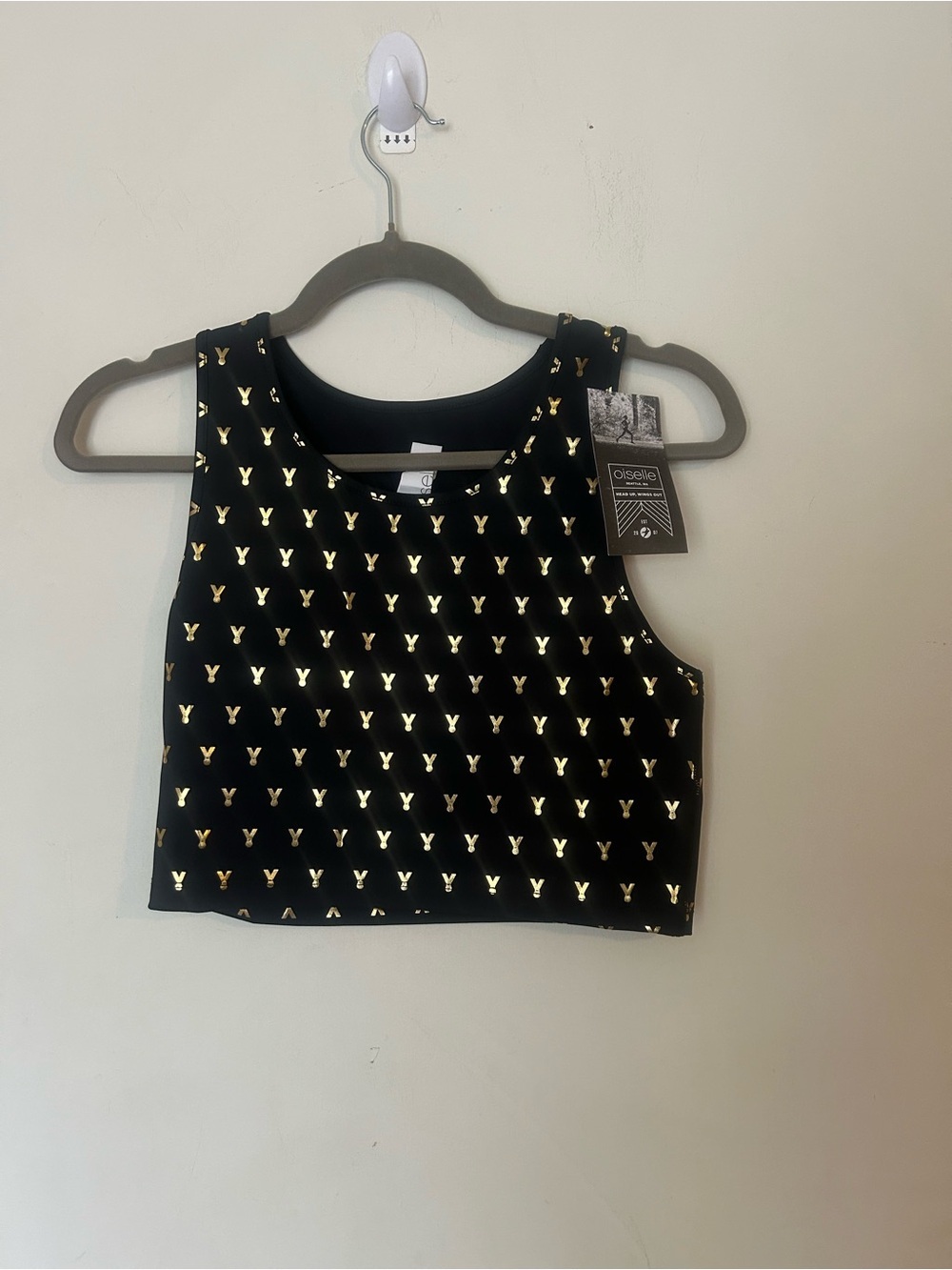 NWT Oiselle Black & Gold Mettle Print Crop Top Black & Gold Women's Size 6